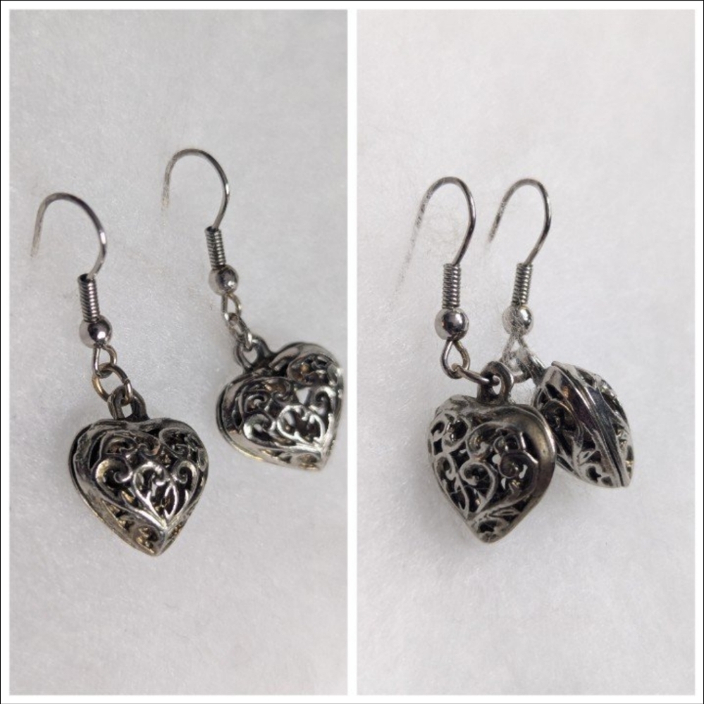 3D Heart Filigreed Silver Earrings